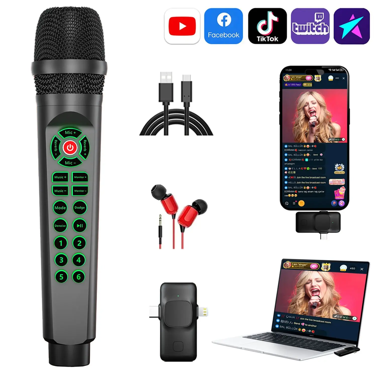 Integrated Sound Card Mic, Handheld Sound Card, Professional Podcast Live Streaming Device, Voice Changer, Dj Audio Controller, for Mobile, PC, Laptop, Game Recording