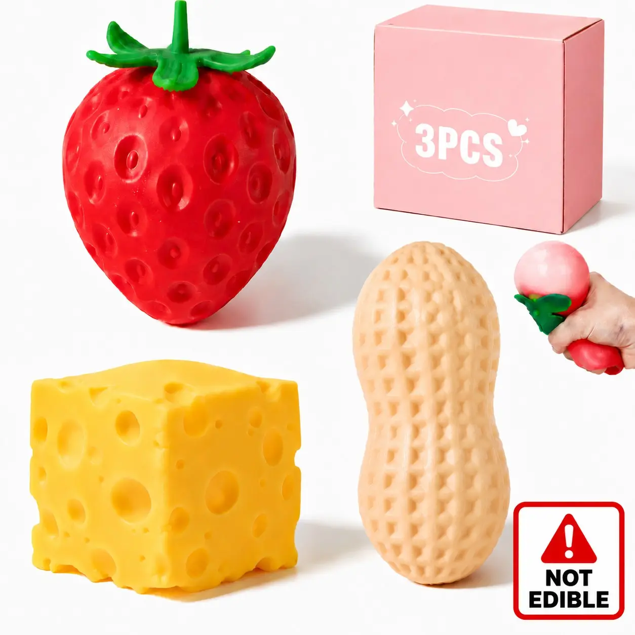 3pcs Realistic Food Squishy Toys, Strawberry Peanut Cheese Squishy Set, Soft Squeeze Toys for Stress Relief, Sensory Fidget Toys for Anxiety Relief, Cute Simulation Food Toys, Desk Toys and Gifts for Teens Adults, Cute Squishies