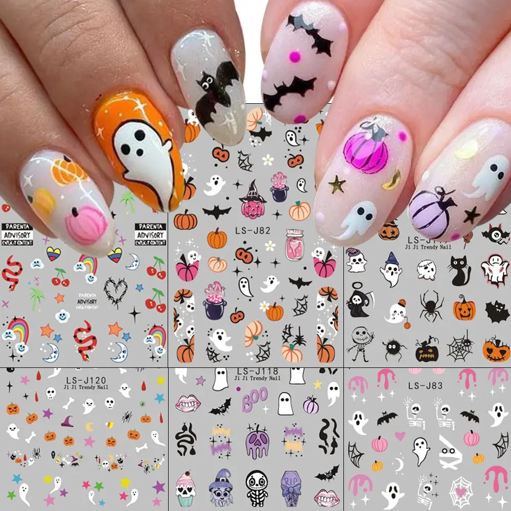 Cute Pastel Halloween Water Transfer Nail Stickers Self Transfer Ghost Colorful Pumpkin Bat Witch Hat Skeleton Black Cat Spider Web Rainbow Star Boo Letter Print Nail Decals Waterproof Sweet Gothic DIY Nail Art Decor For Halloween Party Cosplay Daily Mani