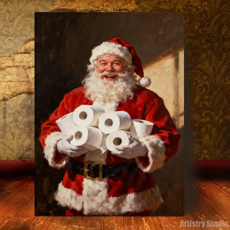 1 piece of solid wood frame home wall art decoration, Funny wall art, modern art classic retro, humorous Santa Claus holding a roll of paper, Christmas decoration wooden frame printed poster artwork wall decor, can be hung directly on the wall