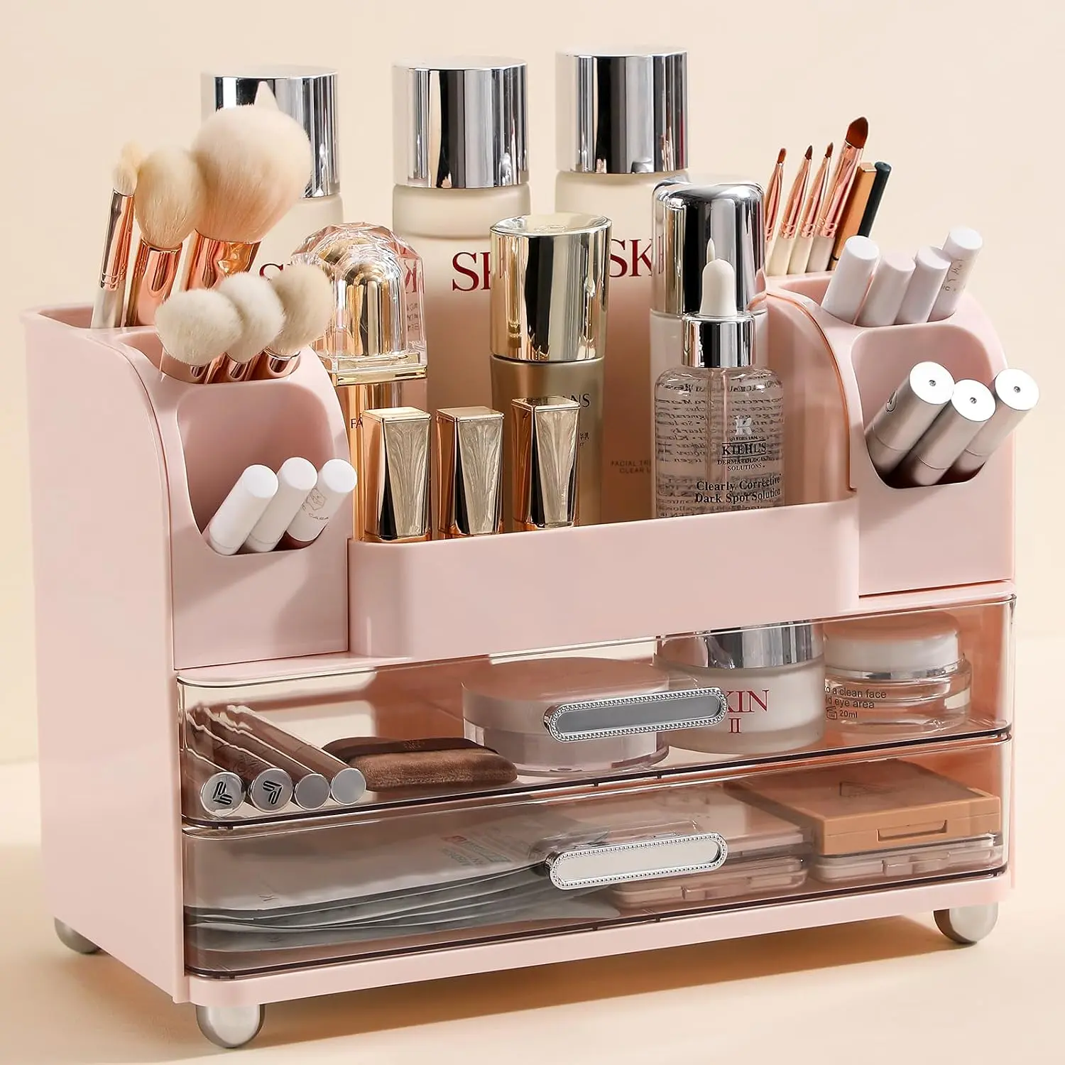 Makeup Organizer Countertop with Large Drawers,  Organizer with Brush Holder,  Care Storage for Dresser, Perfume Organizer for Lotion, Lipsitck, , Light