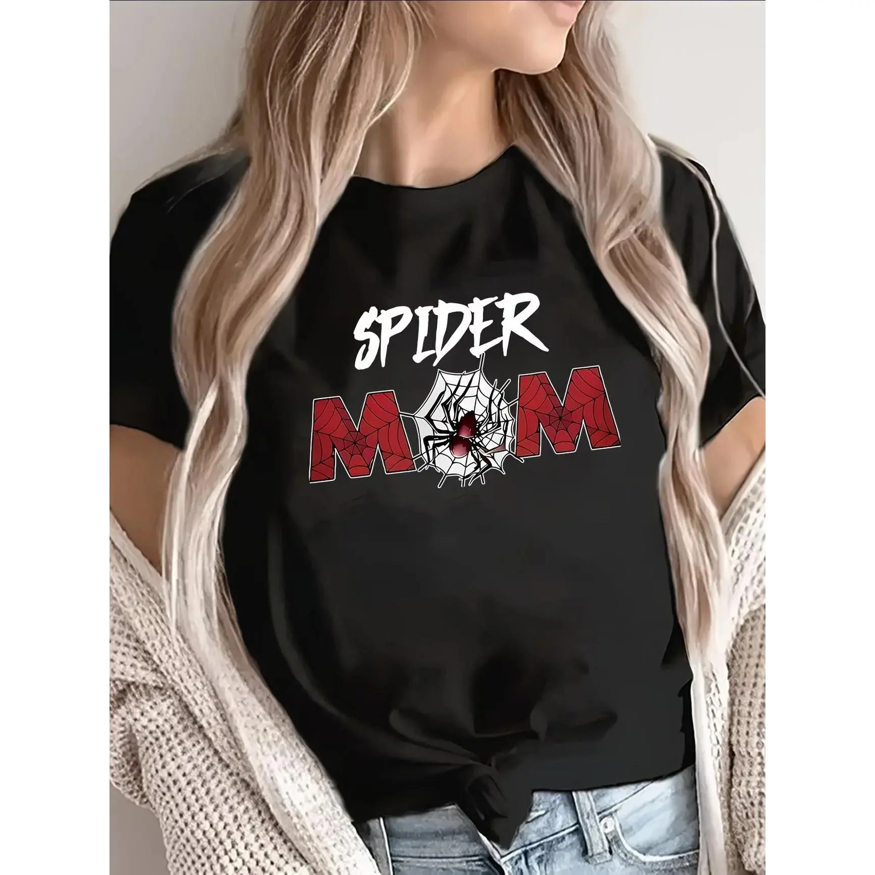 Women'S Spider Mom T-Shirt, Casual Short Sleeve Top with Striking Graphic Design, Ideal for Home, Dining, Or Outdoor Activities