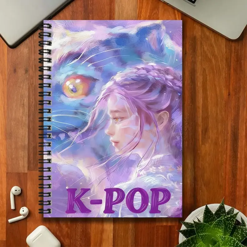 A dreamy K-POP style spiral notebook, Spiral bound notebook, featuring a cover depicting a girl and mysterious animals, with vibrant colors eye-catching. A great helper for work and study, can be used for journaling, daily planning, and note-taking