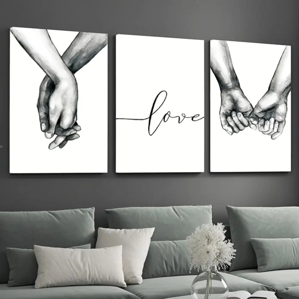 Modern Minimalist, Canvas Wall Art Set, Black And White Holding Hands With Love Typography, High Definition Giclee Print On Stretched Canvas, Romantic Bedroom Living Room Sofa Background Decoration, 3 Piece Panel Set