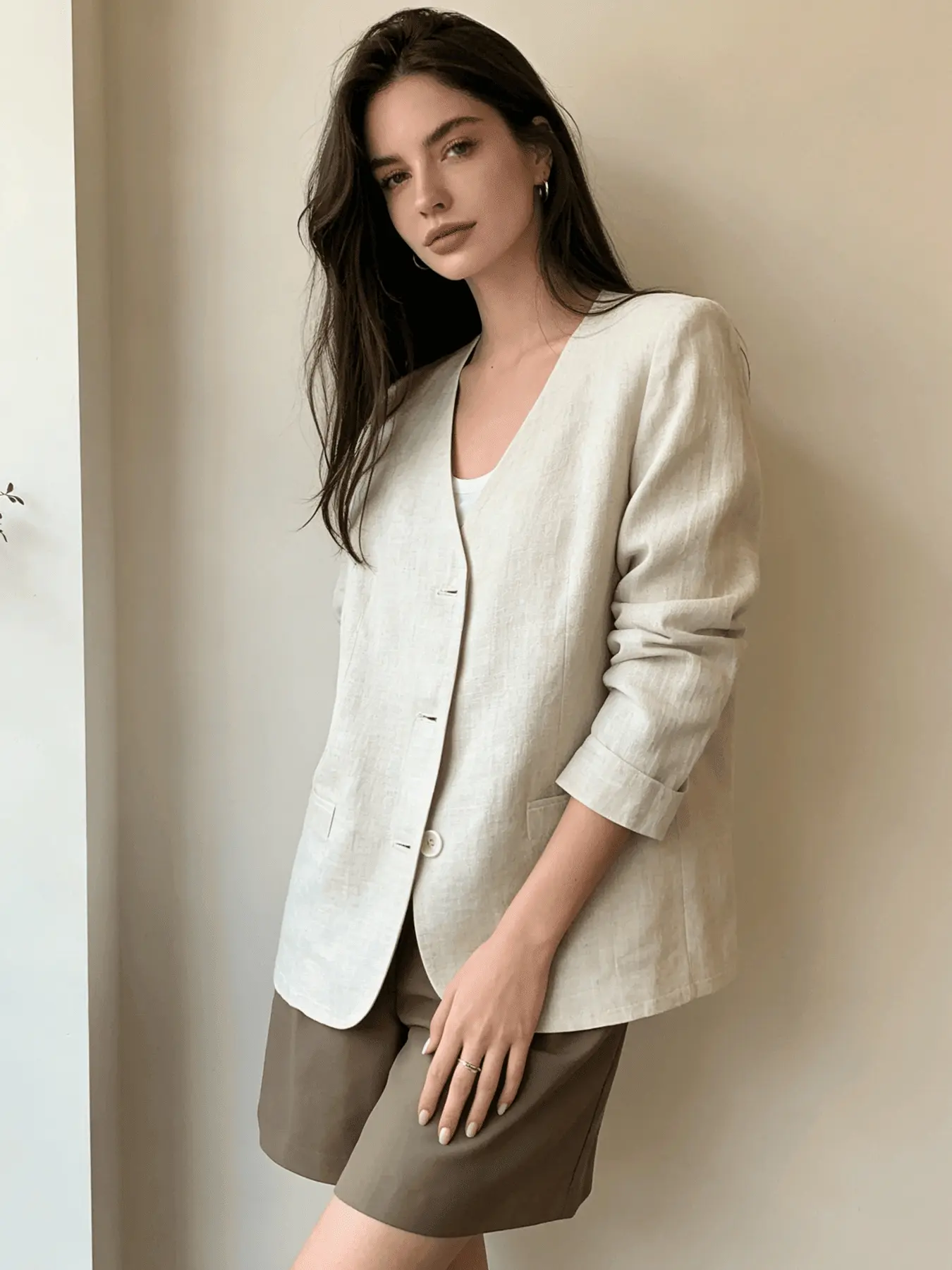 A women's fashionable minimalist beige casual small suit jacket, with a collarless V-neck to enhance the neck line, loose and micro shaped to hide flesh and show off weight, suitable for commuting, outdoor play, indoor and outdoor wear blazer jackets