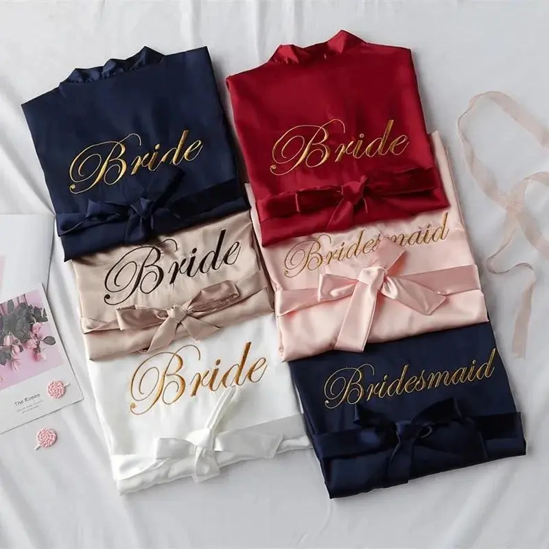 Women's Short Satin Robe - Kimono Style with Bride Embroidery, Sexy Wedding Loungewear, Bridal Party Sleepwear, Sleep, Clothes, Polyester Blend, Sleepwear Robe, Acrylic, Adults, Basic, Short Length, Casual, Linen, Champagne Bridesmaid