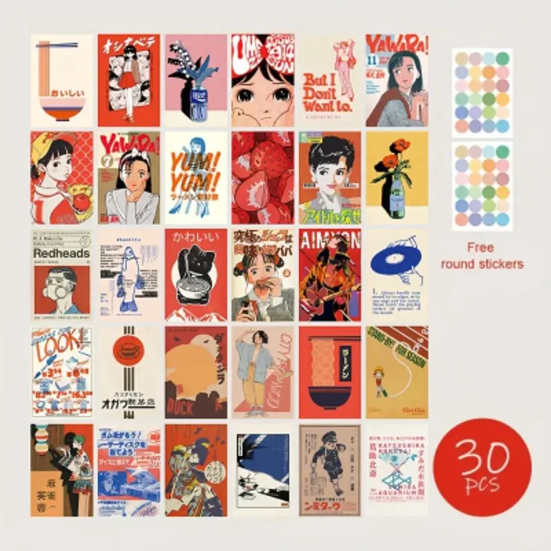 30Pcs Vintage  Retro Photo Booth Props, Zhao He Wang Shi Aesthetic Chinese Republic Era Wall Collage Kit, Inspirational Quote Prints for Bedroom Aesthetic, Dorm Room Decor, Kawaii Anime Style Background Poster Set