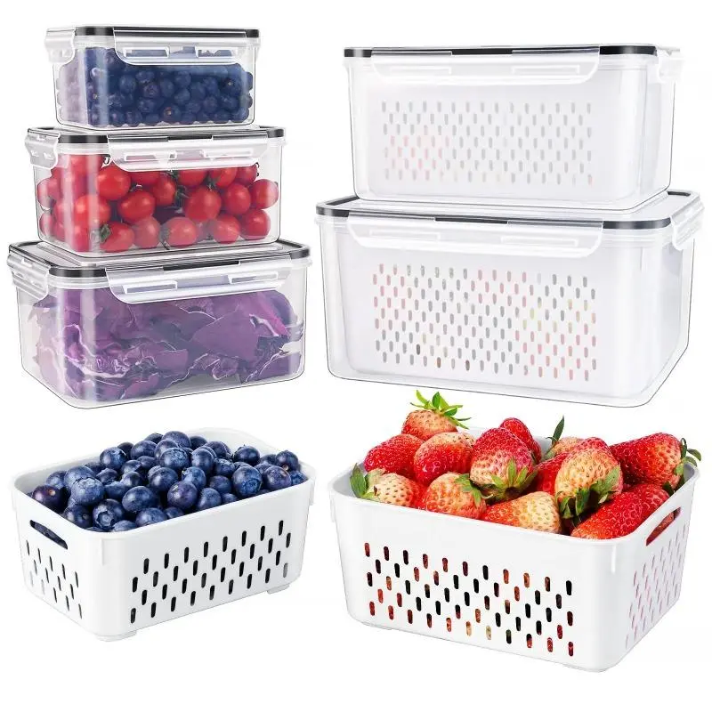 3 Pack/set  Fridge Organization Organizers and Storage - Stackable Fruit Storage Containers for Fridge with Removable Colander, BPA-Free Food Storage Container for Salad Berry Lettuce Vegetables Meat Keeper Fresh