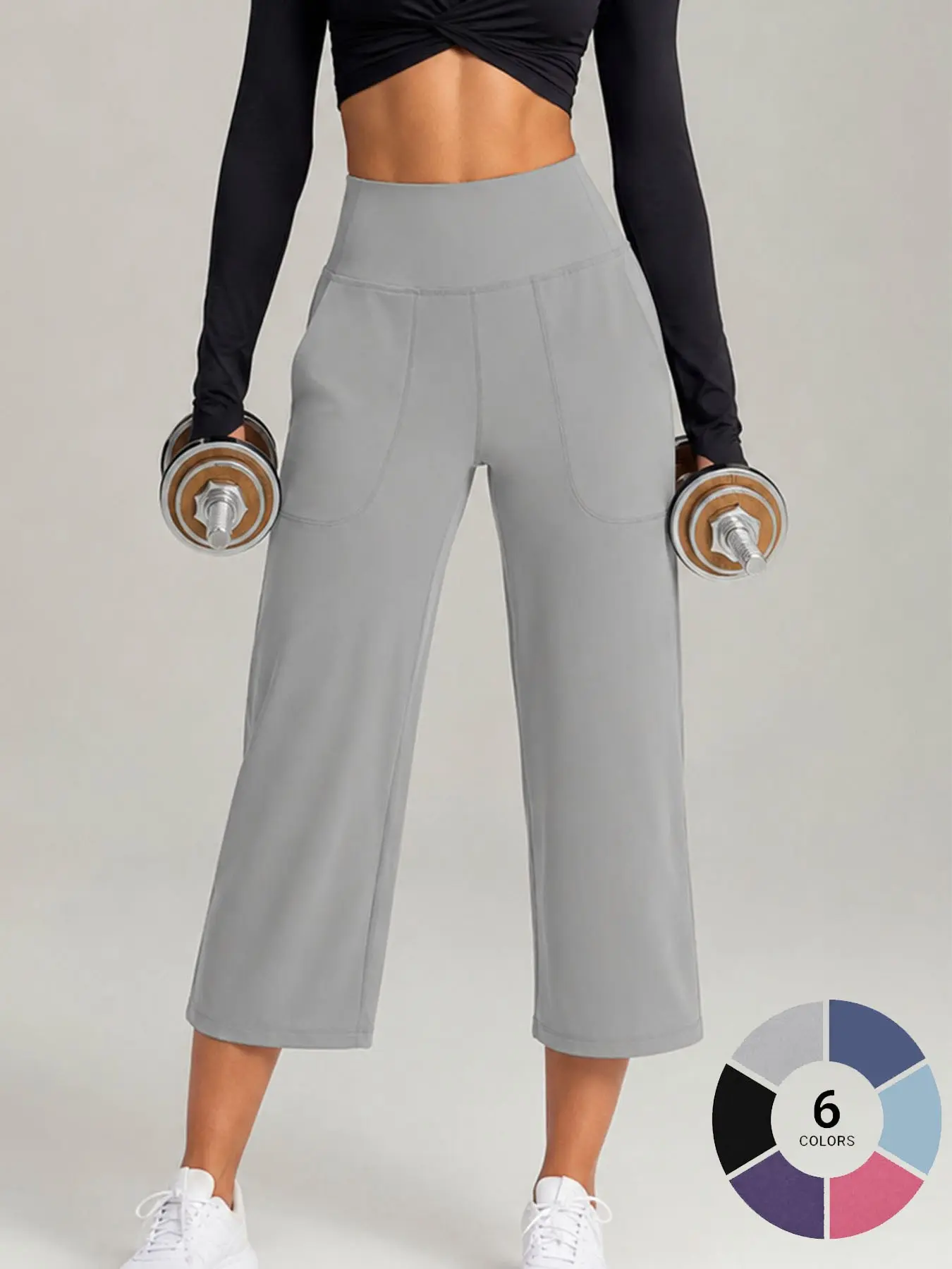 Women's High-Waist Yoga Pants with Pockets, Loose-Fit Athletic Pants for Fitness, Knitted Sports Pants, Casual Sporty Style, Daily Wear Seven-Eighths Leggings, High Waist Activewear, High Waist Sportswear, Female Gym Clothes