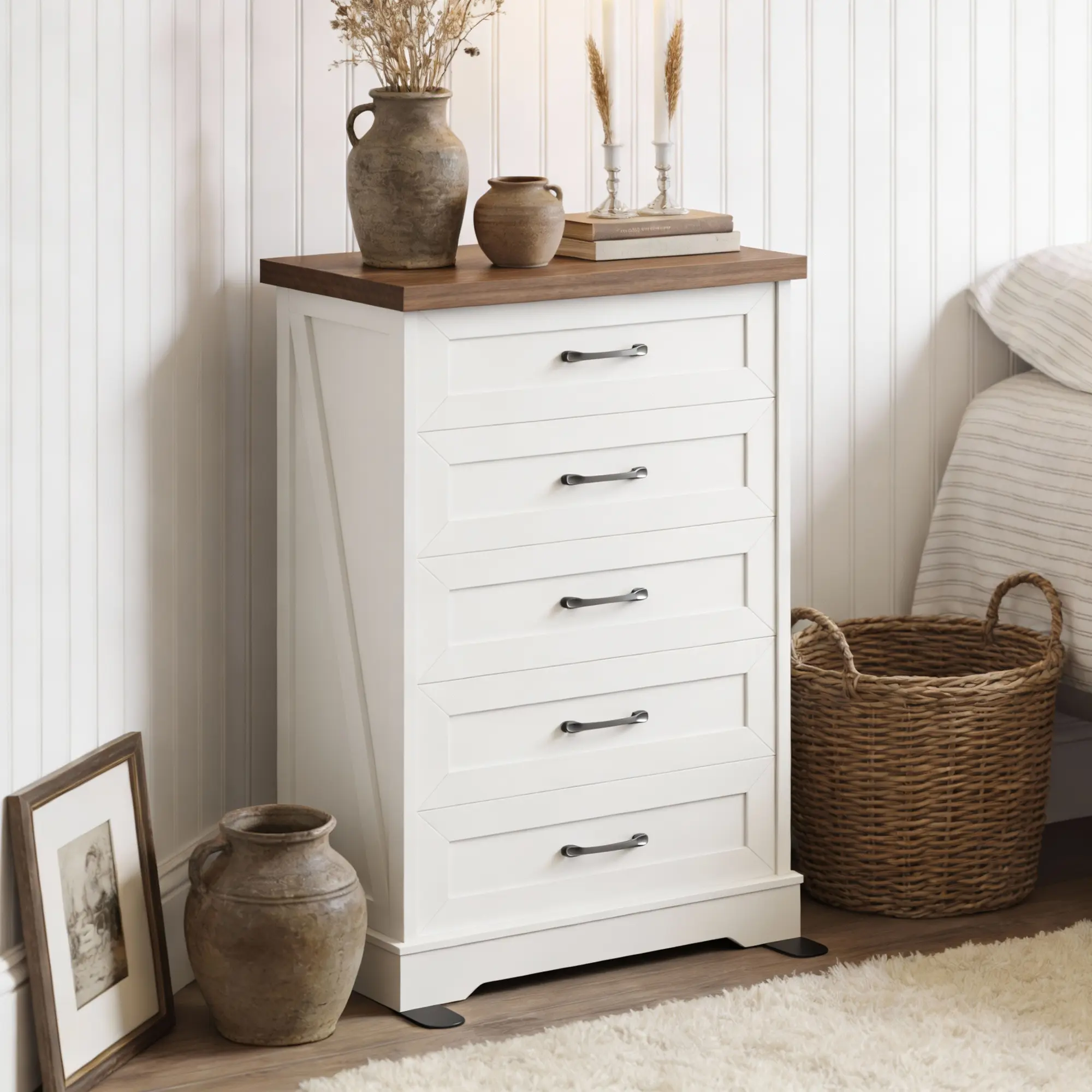 AODK Farmhouse 5-Drawer Dresser with Metal Handles, Tall Storage Chest for Bedroom, Living Room & Entryway,