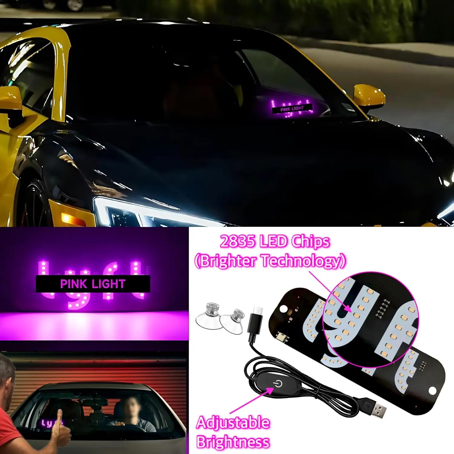 USB LED Car Windshield Light Sign with Suction Cups - Multi-Mode Illuminated Taxi UBER Lyft Light Up Sign Board, Bright LED Windshield Signlamp with USB Plug & Switch for Cars, Trucks, SUVs