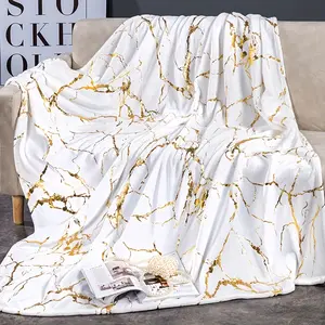 White Gold Foil Marble Kintsugi Vein Print Flannel Blanket Soft Luxury Flannel Throw Blanket Warm Plush Couch Blanket Bedroom Nap Decor Giftable Blanket For Modern Minimalist Sofa Room