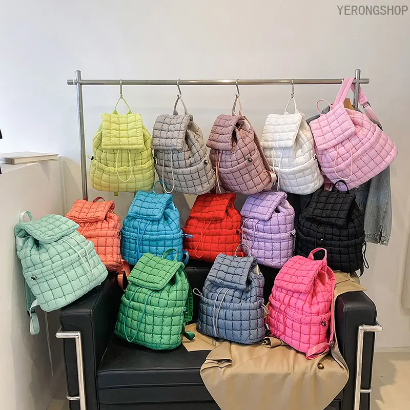 Women's Puffy Plaid Nylon Down Backpack - Puffy Shape Large Capacity Lightweight Bag for Fall Winter New Arrivals, Travel & Daily Commute, Nylon Fabric prank gift crochet shoulder solid drop everyday short length toy adjustable men