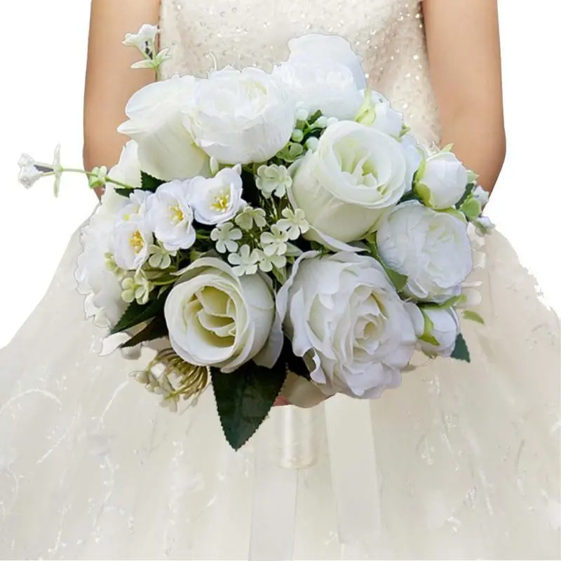 Champagne White Faux Silk 3D Artificial Flower Bridal Bouquets - Toss Bouquet Ready Wedding Photography Props, Bridesmaid Home Decor Supplies