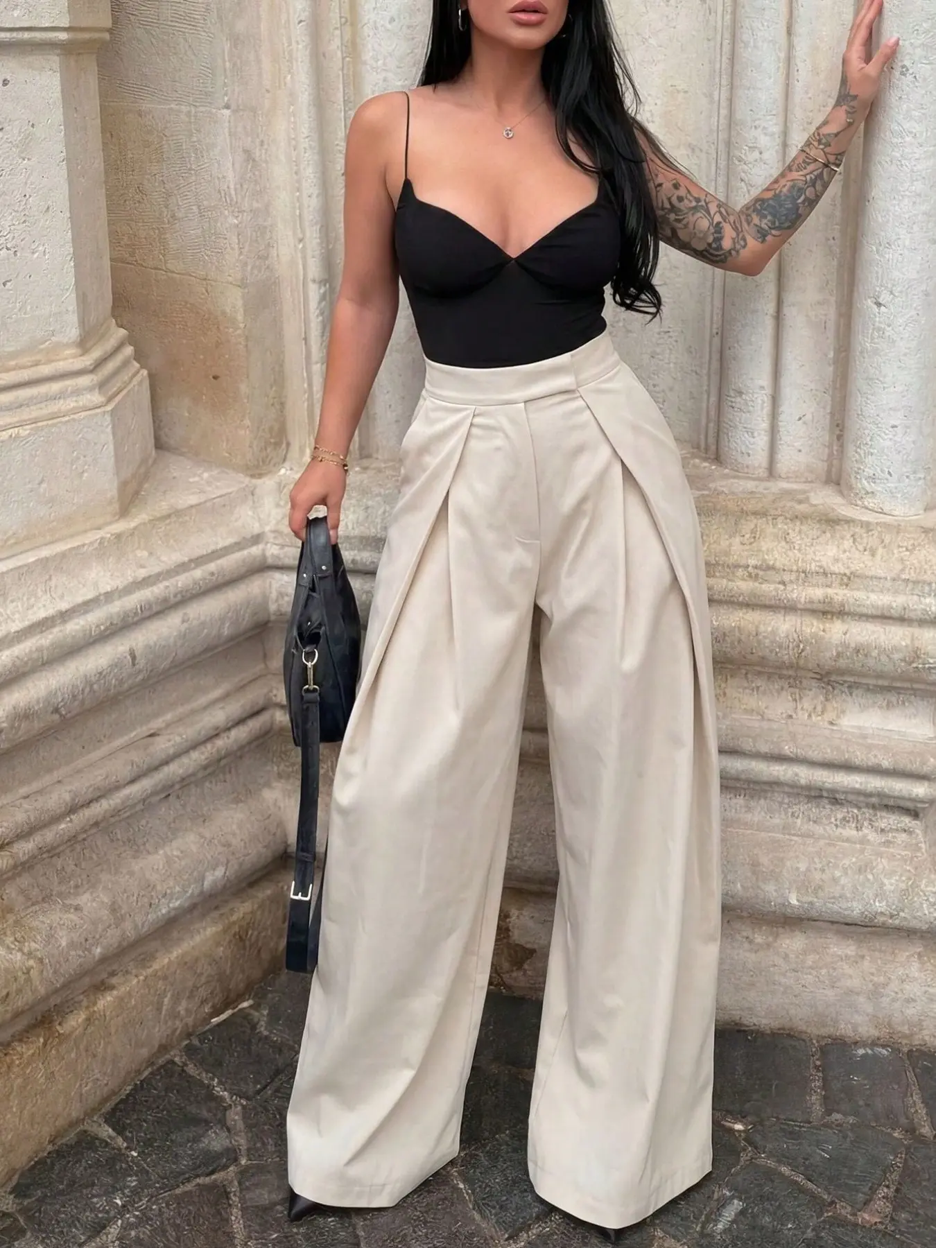 Women's High-Waisted Wide-Leg Pants, Rice, Tailored Fit, Long Length, Ideal for Office & Casual Wear, Comfortable & Stylish Design