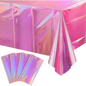 4 Pack Iridescent Pink Plastic Tablecloths, Shiny Disposable Laser Rectangle Table Covers, Holographic Foil Tablecloth Iridescent Party Decorations for Kpop Birthday Wedding Xmas, 54x108Inch