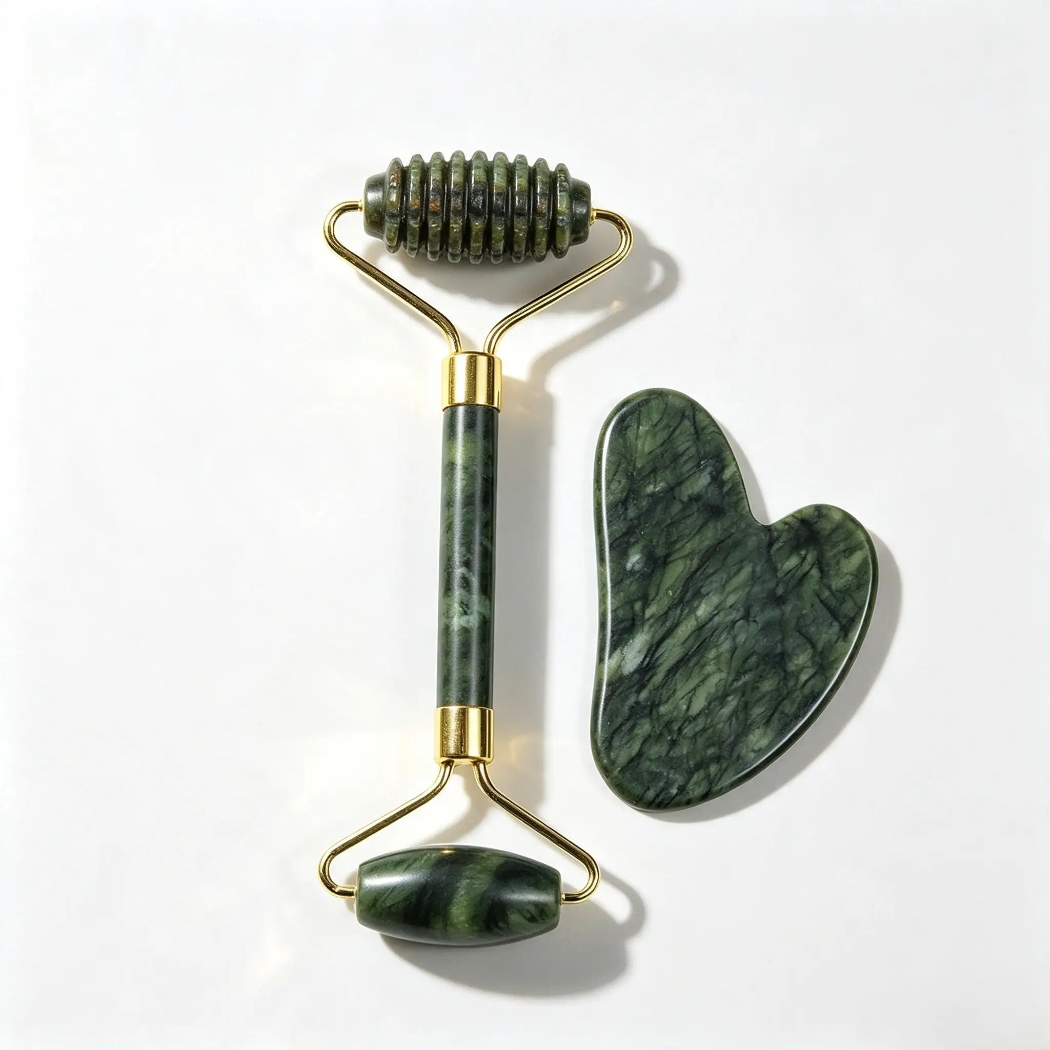 Natural Jade Roller and Heart Gua Sha Set, Dual-Head Textured Facial Massage Roller, Tool Kit for Face, Eye, Neck Care