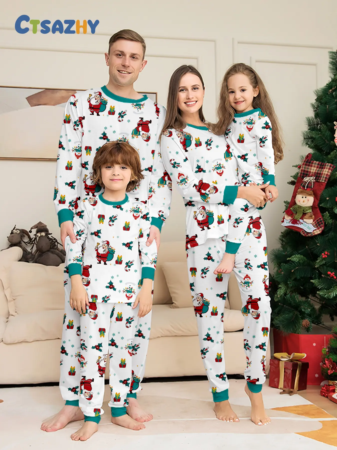 White Base All Over Santa Gift Print Matching Family Christmas Pajama Set, Dark Green Trim Crew Neck Cuffed Loungewear, Soft Sleepwear for Adults Kids Couple, Light Tone Holiday Matching Outfits for Family of 3 & 4
