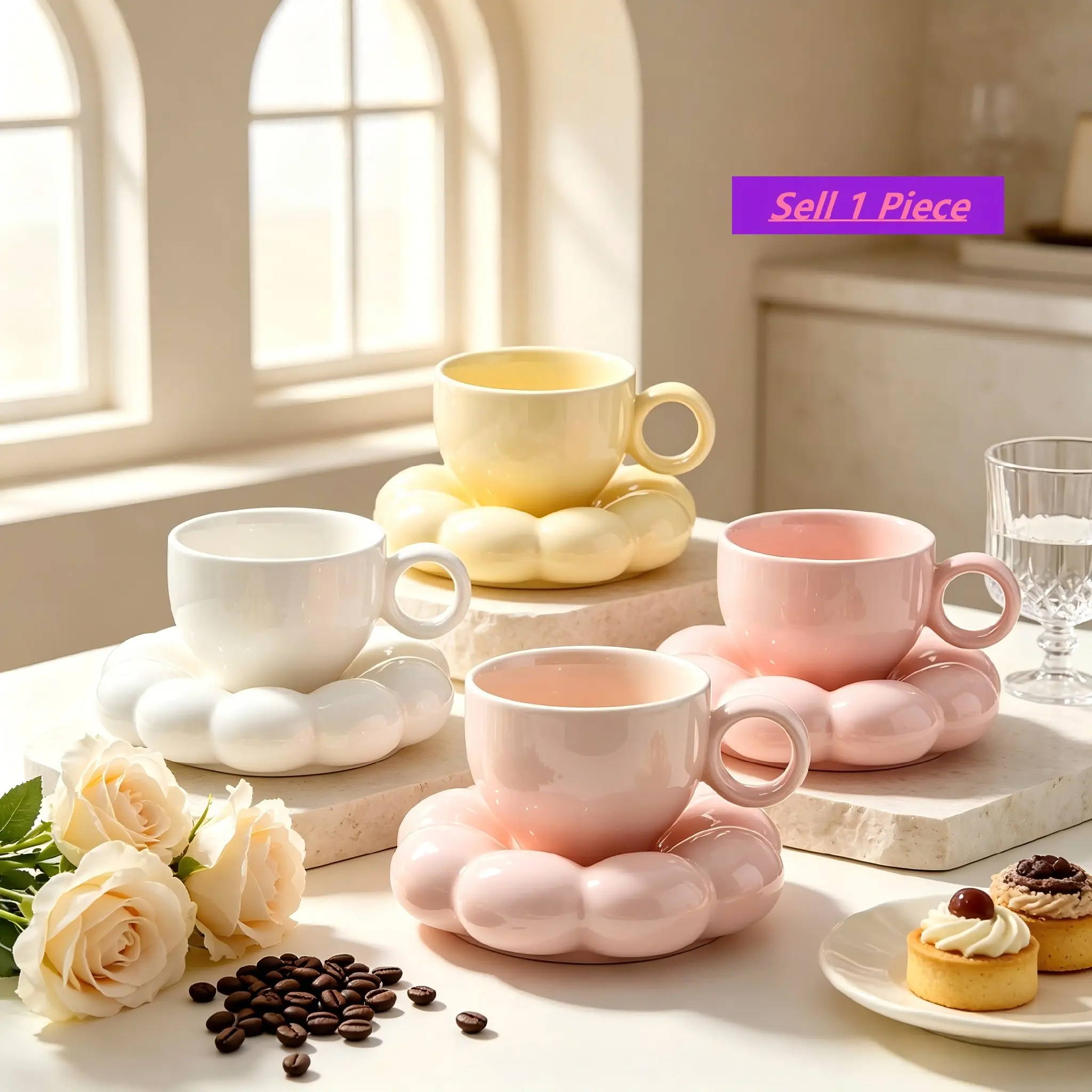 Cute Bubble Cloud Ceramic Coffee Cup and Saucer Set, 220ML-7.5oz, High Aesthetic Round Handle Afternoon Tea Mug, Macaron // Latte Cup, Ceramic Cups, Cute Mugs, Cups with Saucers