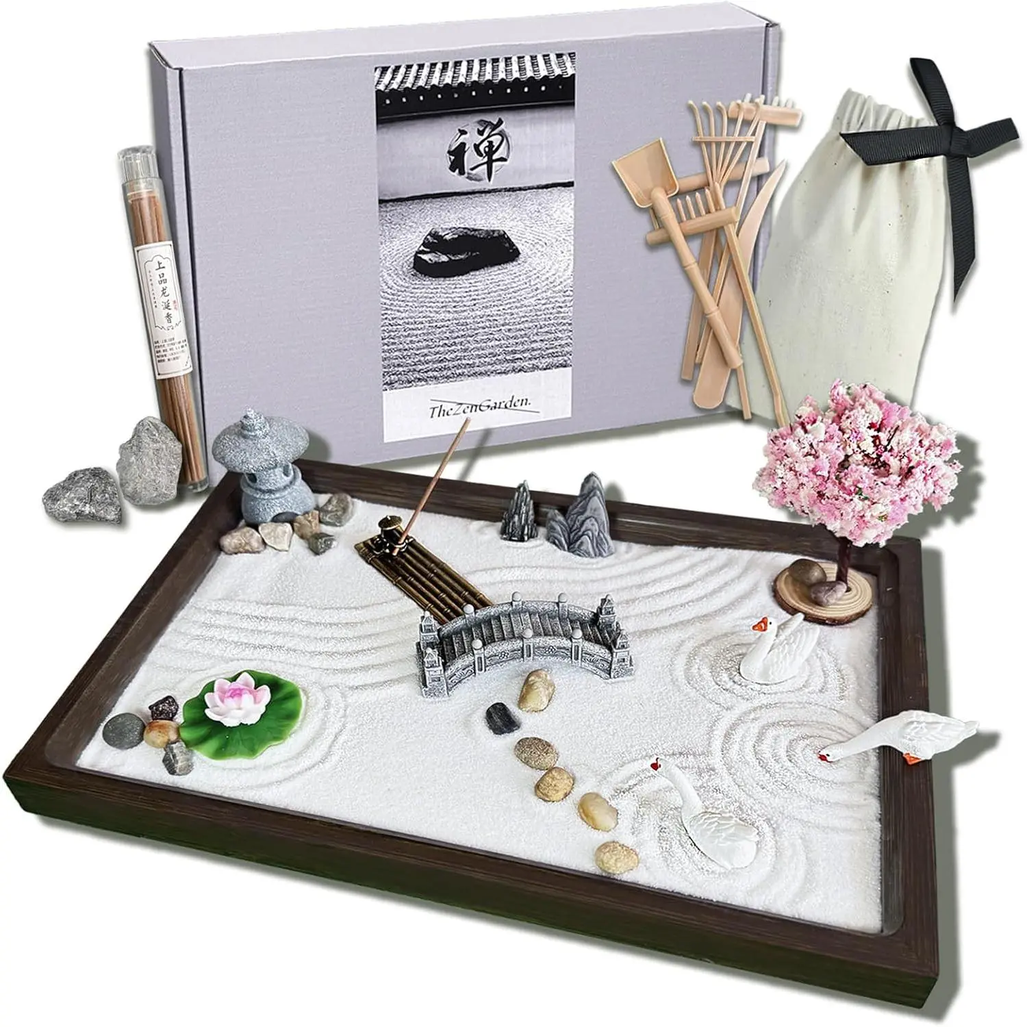 SRAYW Zen Kit for Desk Decor.11x7.5'' Beautiful Japanese Mini Zen Meditation Gifts Set for Home,Office Desk&Meditation Room.6 & 18 Accessories.Zen Sand Tray