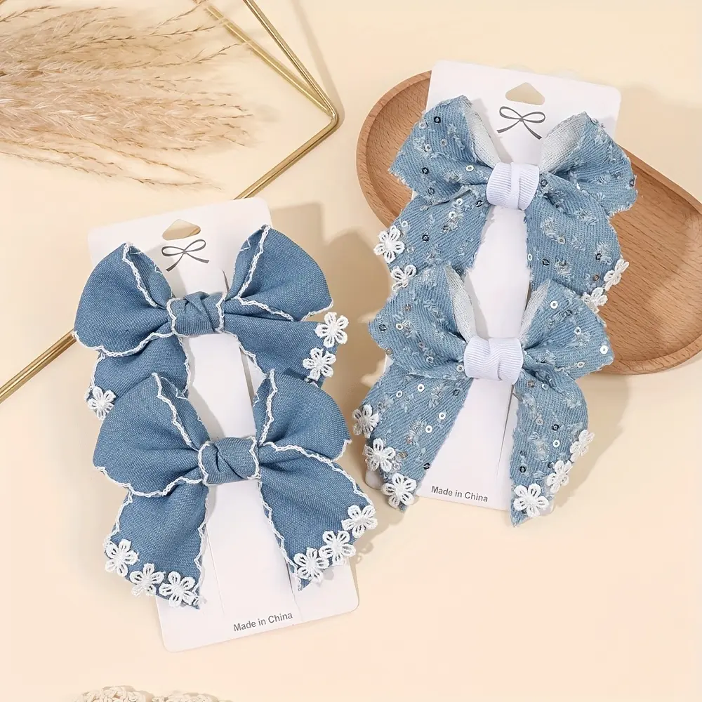 2-piece set of sweet denim bow hair clips, blue denim bow hair clips with floral and rhinestone design, fully encased clip, cute hair accessory