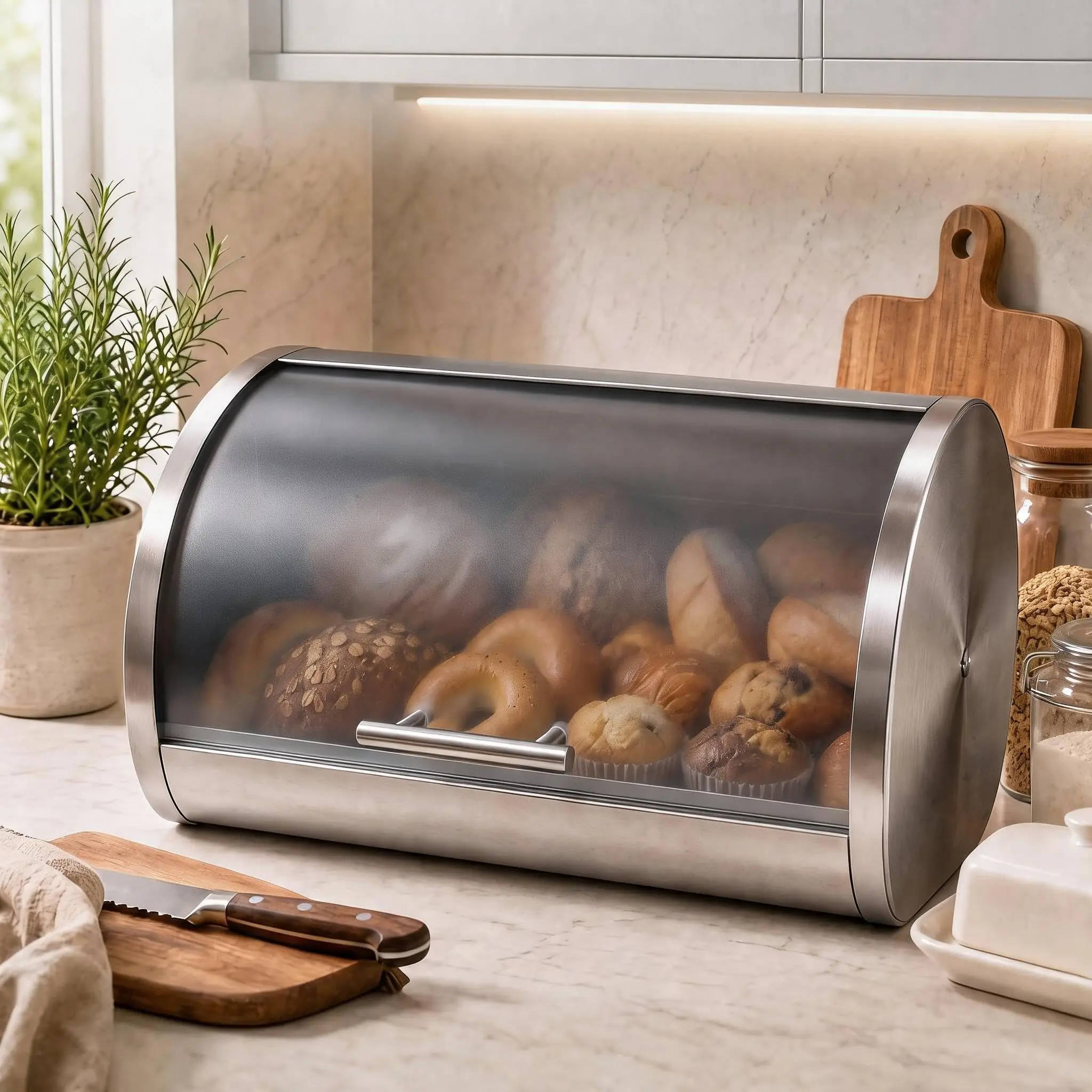 Sturdy Stainless Steel Bread Box with Transparent Roll-Top Lid - Kitchen Countertop Storage Bin for Homemade Bread, Bagels, Muffins, Silver