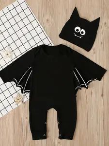 Unisex Halloween Bat Costume Set, Spring & Fall Two-Piece, Hooded Onesie, European Style Kids Clothing
