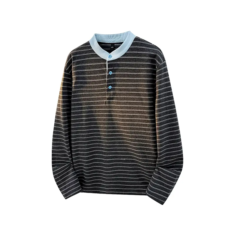 Men's Elegant Striped Longsleeve Henley Knitwear - Contrast Stand Collar, 3-Button Placket, Loose Straight Fit, Soft Brushed Fabric, Minimalist Menswear Daily Casual Base Layer for Spring, Autumn Outfit Matching