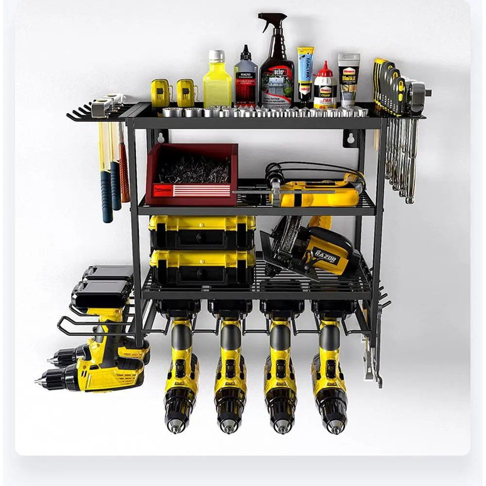 Four Tier Power Tool Organizer Wall Mount Cordless Drill Holder Garage Storage Rack with Charging Station for Workshop Utility Room and Tool Storage