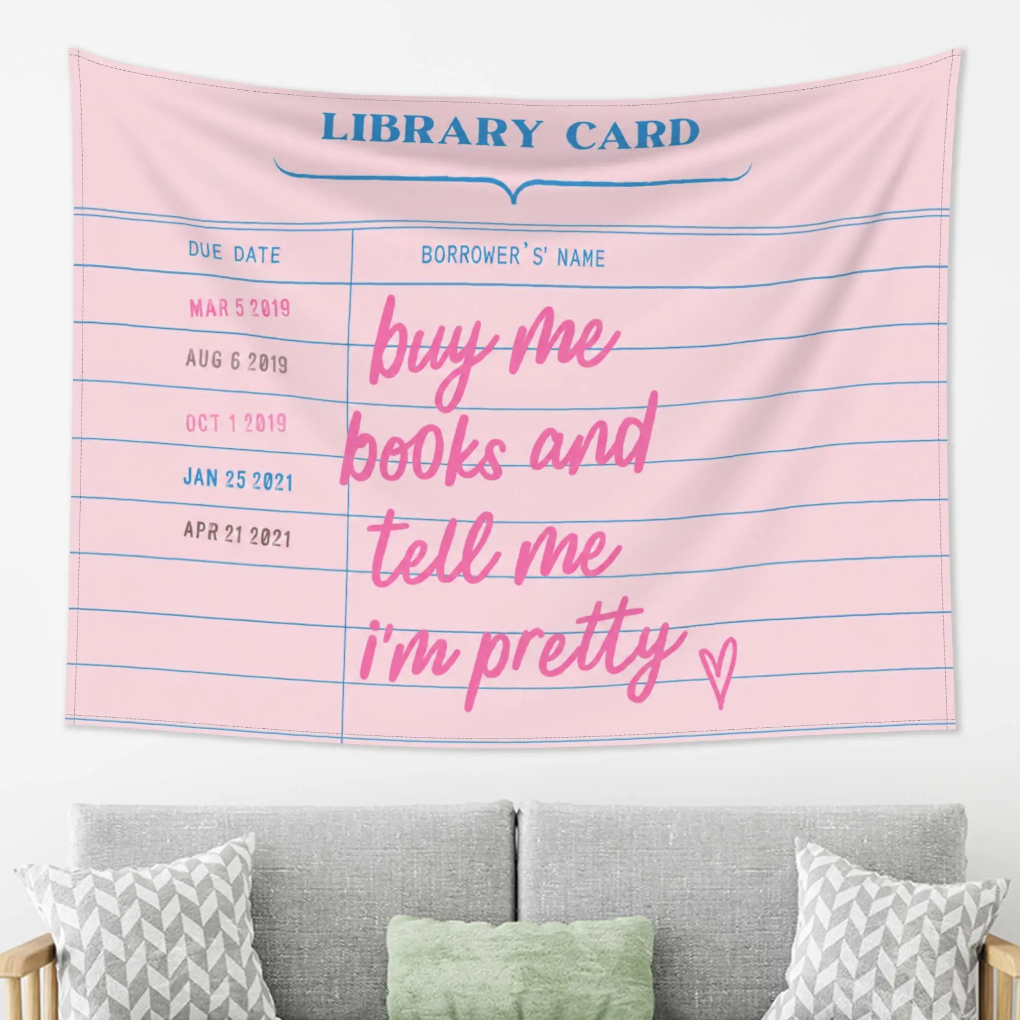 Vintage Library Card Wall Tapestry Pink Aesthetic Wall Hanging Retro Bookshelf Decor for Book Lovers Reading Nook Classroom Dorm Bedroom Art Background Poster  frog tapestry,Hippie,UV