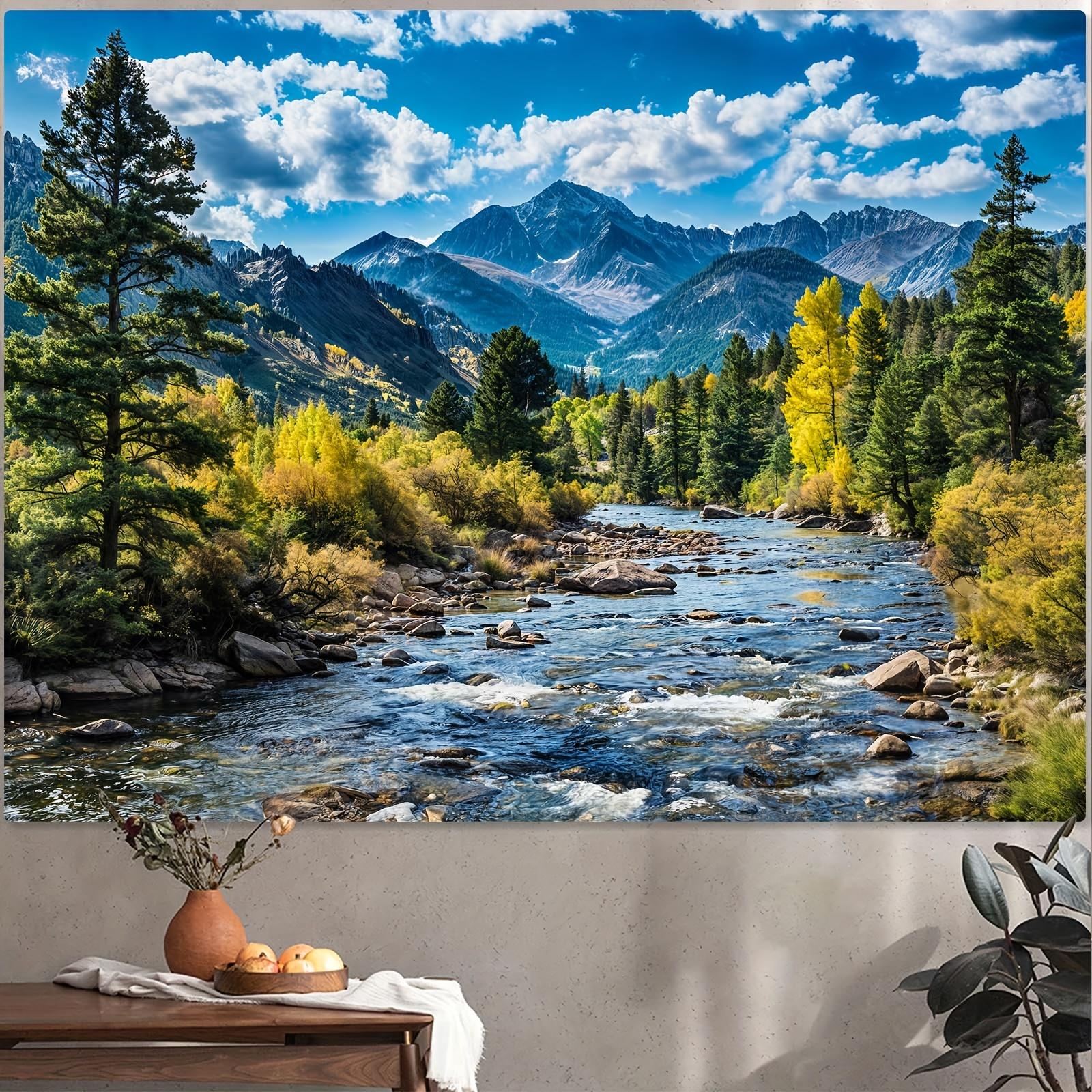 Nature Forest Mountain Tapestry Wall Hanging, Green Pine Tree Scenic Landscape with White Clouds Flowing River, Aesthetic Room Decor for Bedroom Living Room Dorm Office