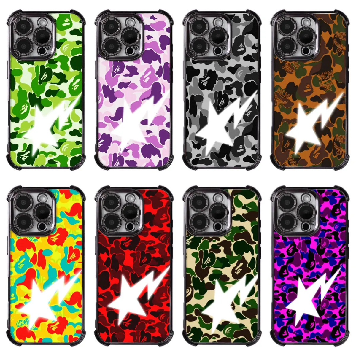 BAPE Full-Color Camouflage Lightning Star Phone Case Accessories For iPhone 12-17 Pro Max/Pro Plus, Samsung Galaxy S22-S26 Ultra Plus, Fashionable Gift For Her/Him