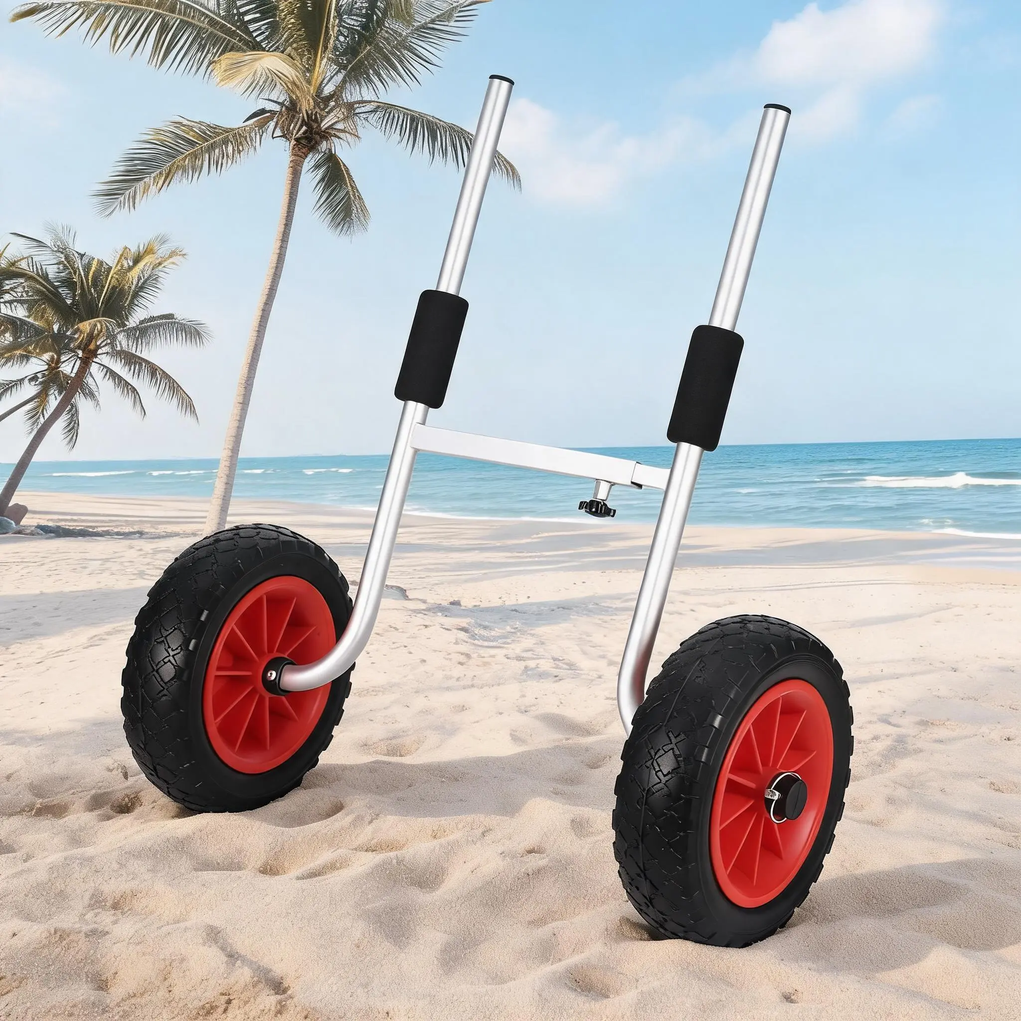 Heavy-Duty Kayak Cart Dolly, 10" Sturdy PU No-Flat Wheels, Adjustable Aluminum Frame with Foam Pads, Detachable Design, 220 Lbs Load Capacity for Kayaks with Scupper Holes, Great for Beach, Grass & Gravel