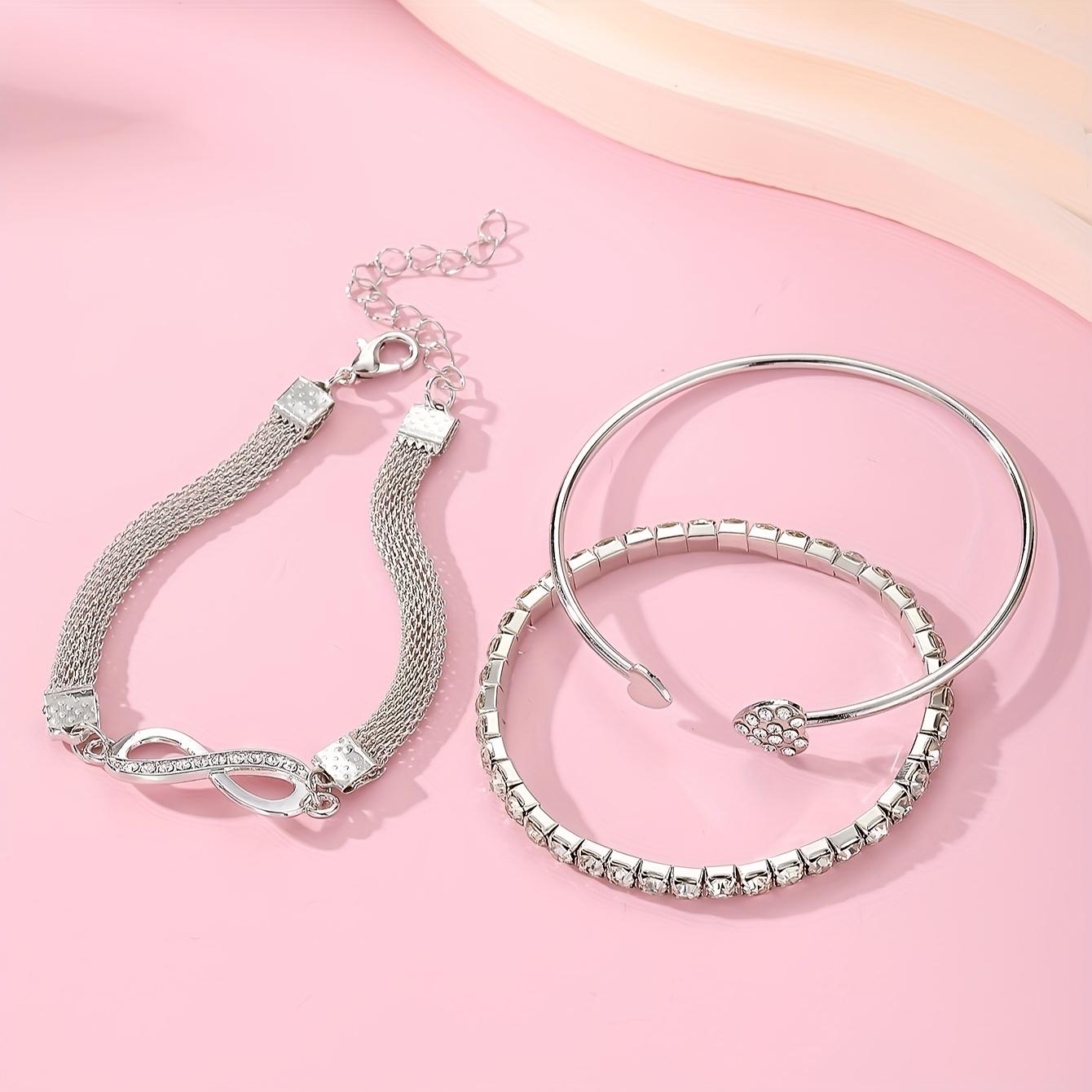 3 Pcs Vintage Elegant Rhinestone Bracelet Set - Adjustable Heart & Infinity Symbol Bangle, Stylish Alloy Open Cuff for Daily Wear & Gift Occasions