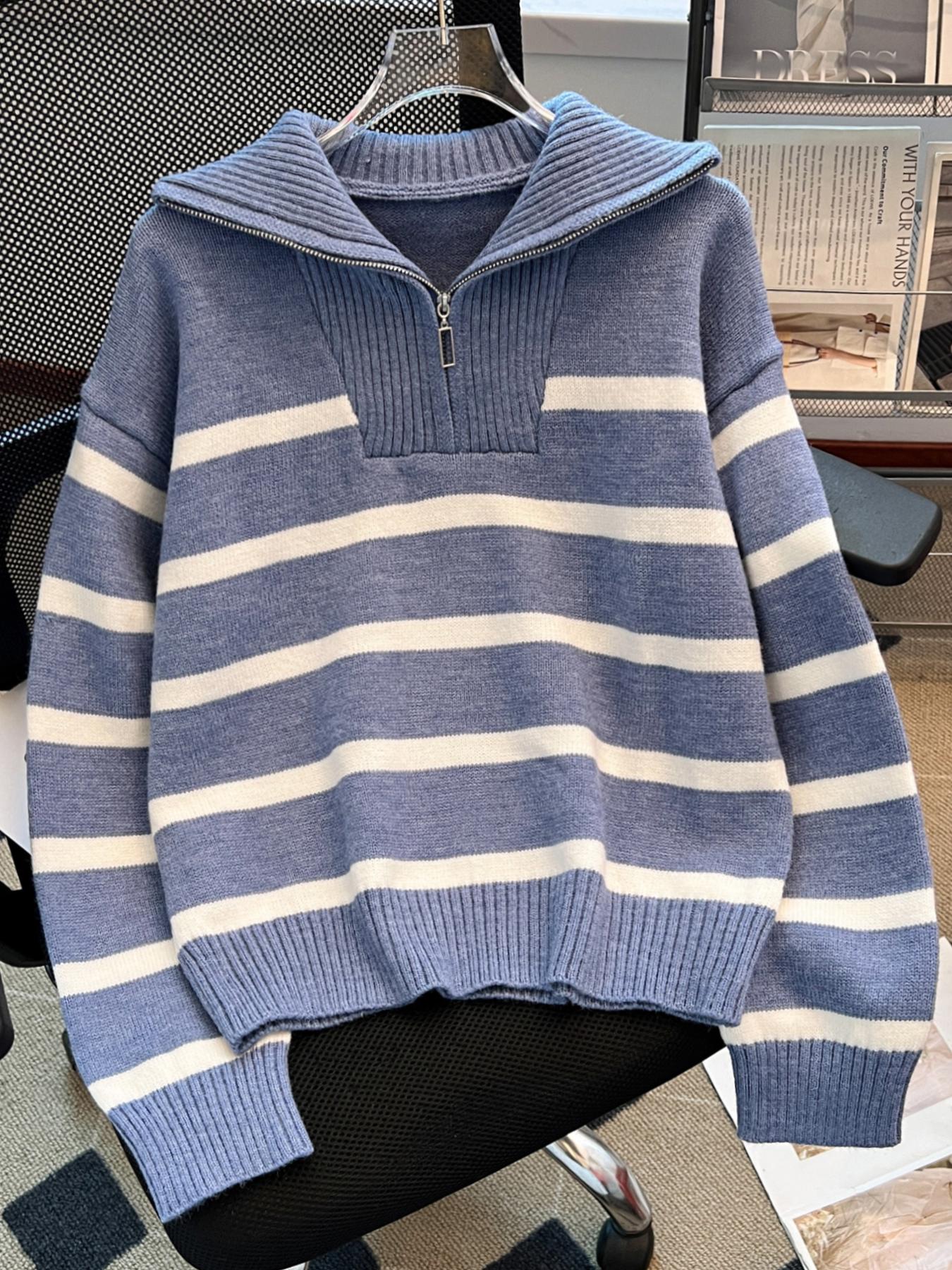 Women's Striped-Print Drop-Shoulder Sweater with Half-Zipper, Casual Long-Sleeve Collared Jumper for Daily Outdoor Wear, Knitwear for Fall & Winter, National Day Outfit