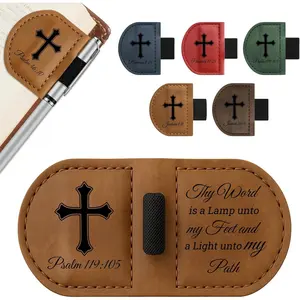 Personalized Magnetic Leather Bookmark with Pen Holder - Inspirational Bible Verse Scripture Design, Custom Book Marker for Book Lovers Men Women (Brown-Psalm 119:105)