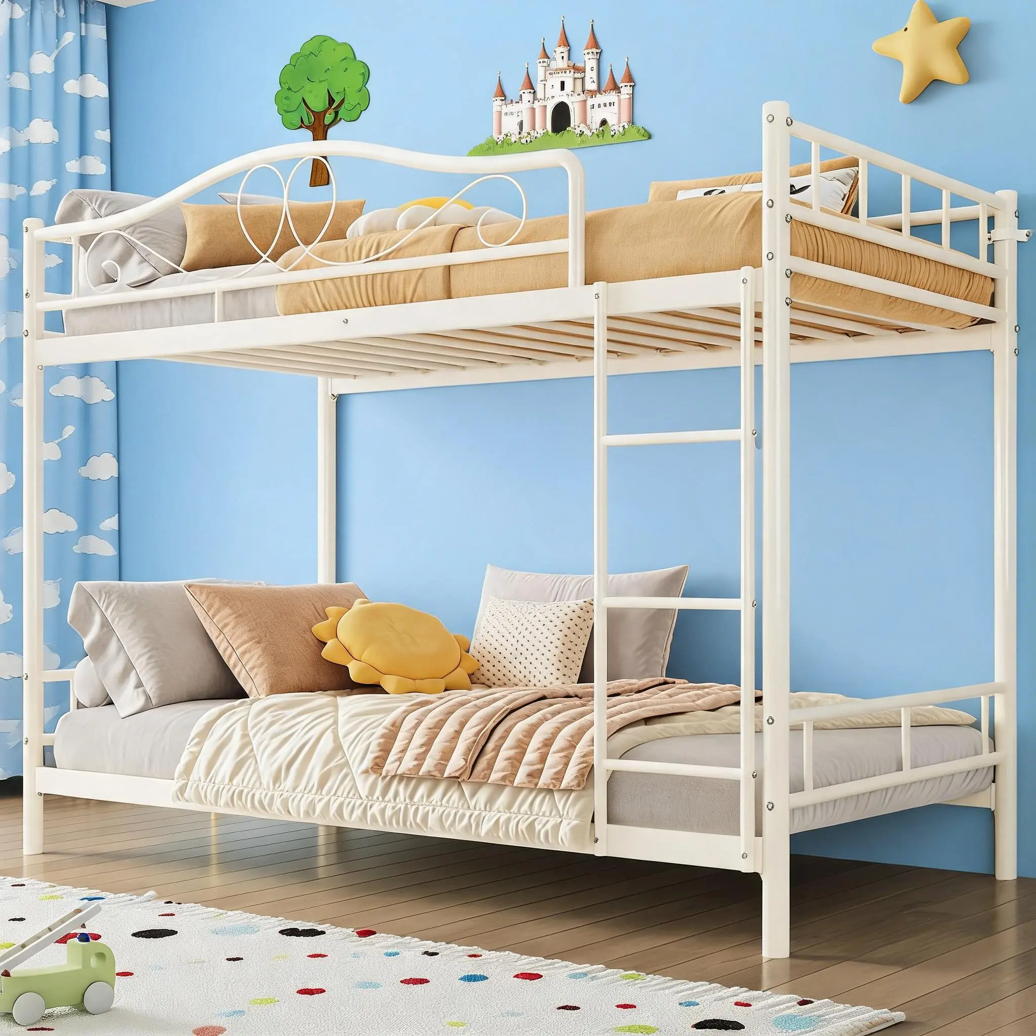 Loft Bed Twin Size, 400 Lbs Heavy Duty Metal Twin Loft Bed with Ladder & Safety Guardrail, Space-Saving, Noise Free, No Box Spring Needed, Easy Assembly, Cream White