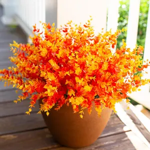 Artificial Fake Fall Autumn Eucalyptus Plants Flowers for Outdoor Outside Decoration, Faux Silk Orange Boxwood Look Real UV Resistant for Home Porch Patio Planter Decor，24 Bundles