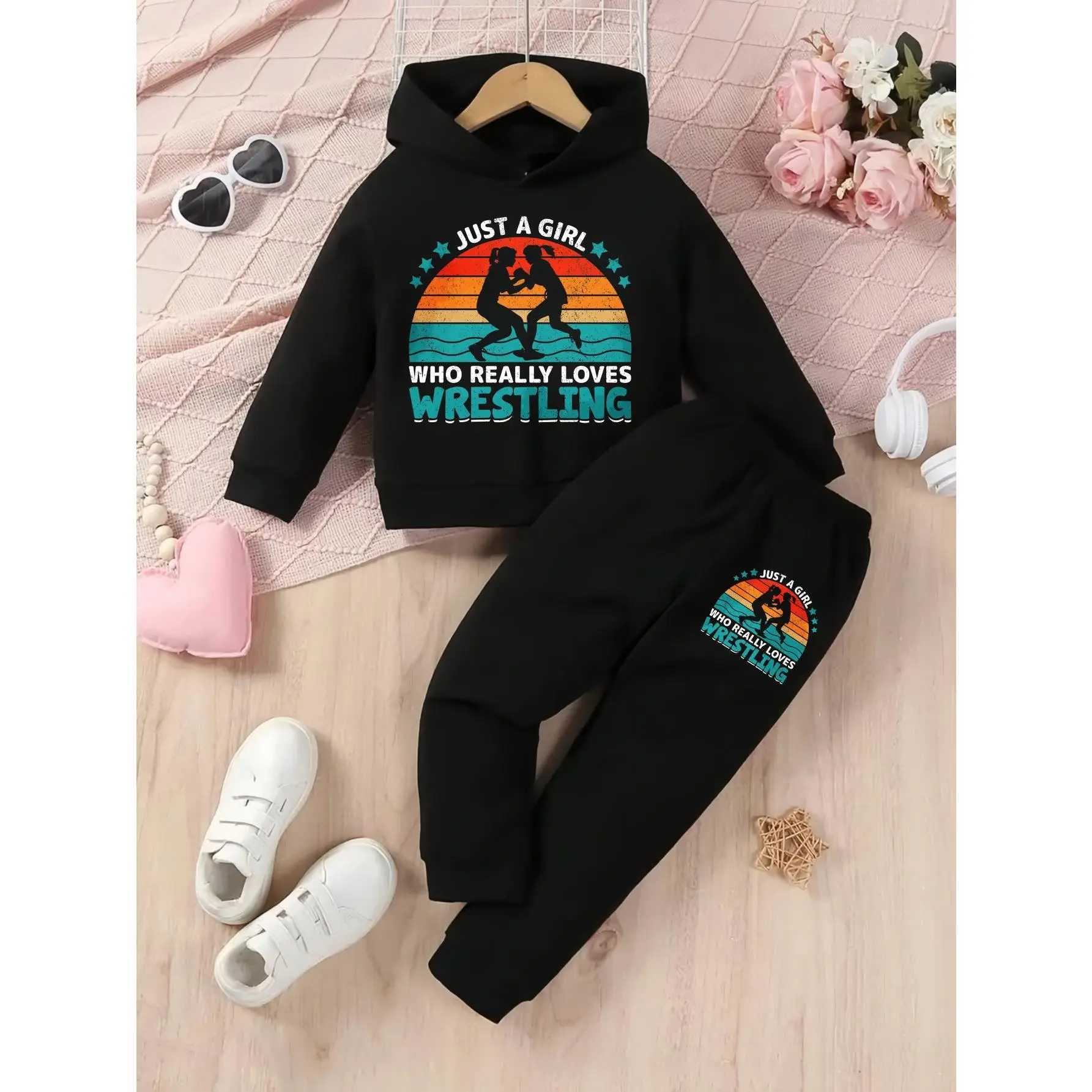' Wrestling-Themed Hoodie & Jogger Set - "Just a Who Really Loves Wrestling" Graphic Print, Pink & Black Athletic Outfit, Warm Hooded Sweatshirt & Matching Pants for Wrestling Practice, Casual Wear, Birthday Party Outfits - Soft Stretch Fabric