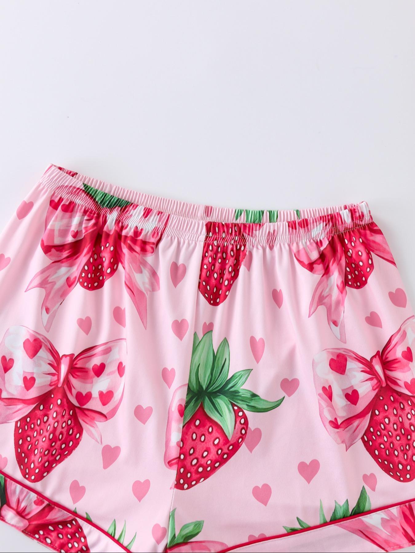 Women's Strawberry & Heart Print Lapel Neck Shirt & Shorts Matching Pyjama Two-piece Set, Ladies Sleepwear for All Seasons, Loungewear, Pajamas