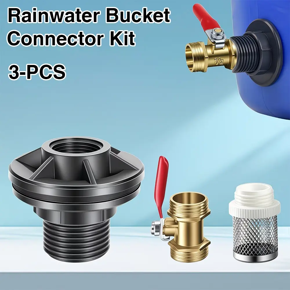 3PCS Rain Barrel Water Tank Connector Kit, 1/2 Inch DN15 Brass Ball Valve Spigot with Filter Screen, Leakproof PVC Bulkhead Fitting for Rainwater Bucket, Water Storage Tank Drain Outlet Adapter