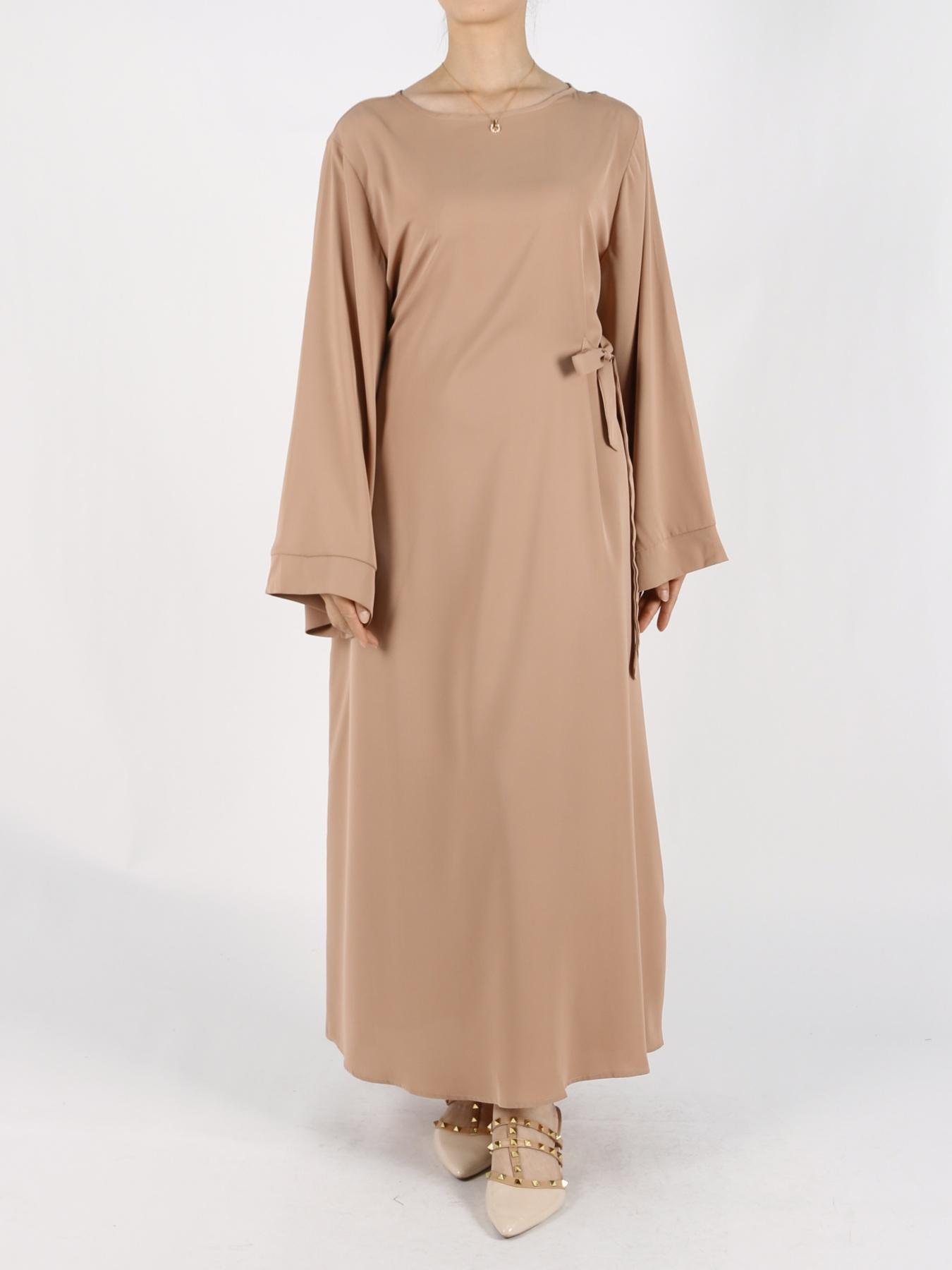 Women's Solid Belted Long Sleeve Kaftan Dress, Modest Round Neck Long Dress for Daily Wear, Casual Ladies Muslim Maxi Clothes for All Seasons, Modesty Muslim Clothing
