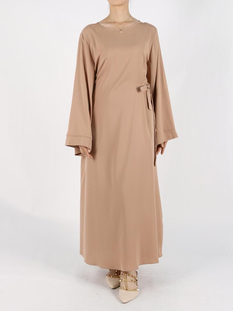 Women's Solid Belted Long Sleeve Kaftan Dress, Modest Round Neck Long Dress for Daily Wear, Casual Ladies Muslim Maxi Clothes for All Seasons, Modesty Muslim Clothing