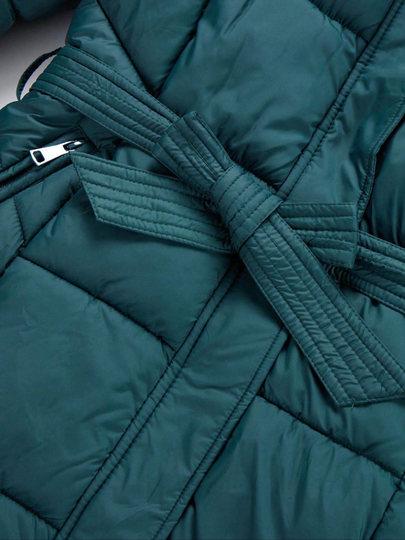 Women's Winter Cotton Jacket, Hooded Long Sleeve Warm Coat, Fitted Plain Style, Fall & Winter Fashion, Includes Belt