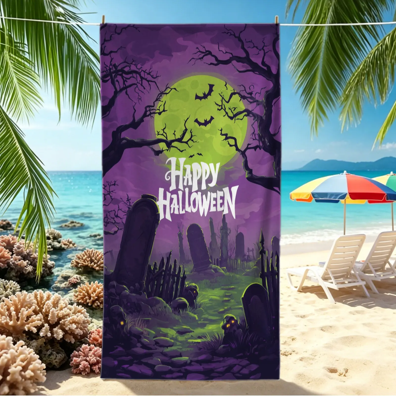 Halloween Spooky Graveyard Raven Skull Digital Print Beach Towel, Multipurpose Pool Towel, Lightweight Camping Towel, Bath Towel Blanket, Vivid Gothic Graphic, Ideal for Beach Trips, Pool Party, Camping, Halloween Outdoor Holiday & Daily Shower Use
