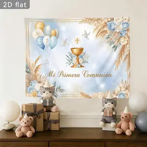 2D Flat, 2D Flat - 2D Flat, 2D Flat - A 2D Flat Banner Featuring a Single Piece Design for First Communion, Adorned with Blue Balloons, Floral Chalices, And Doves. This Polyester Backdrop Is Perfect for Decorat
