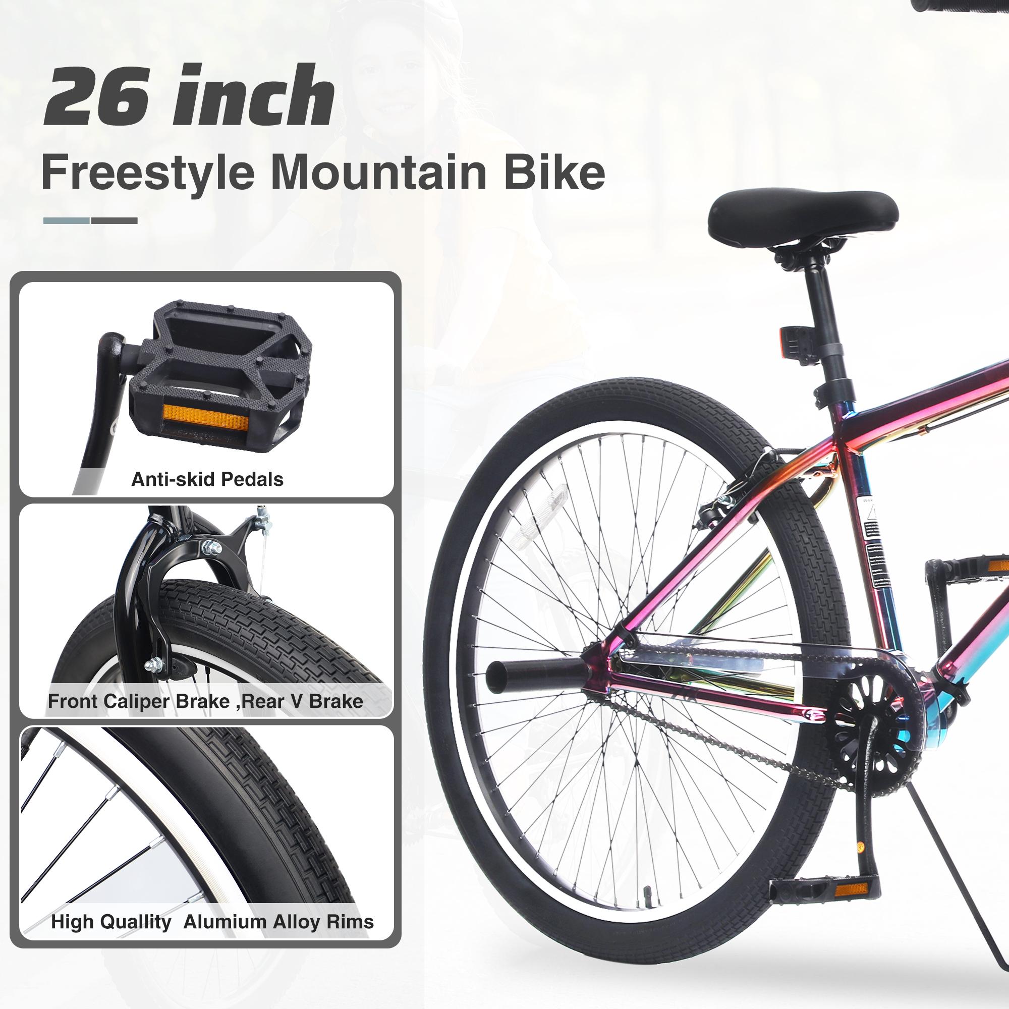 26 Inch Freestyle Bike for Teens 14+, Steel Frame Single-Speed Bicycle with 2 Pegs, Front Caliper Brake & Rear V Brake, Durable Street BMX Bike for Boys Girls Indoor Outdoor Sports