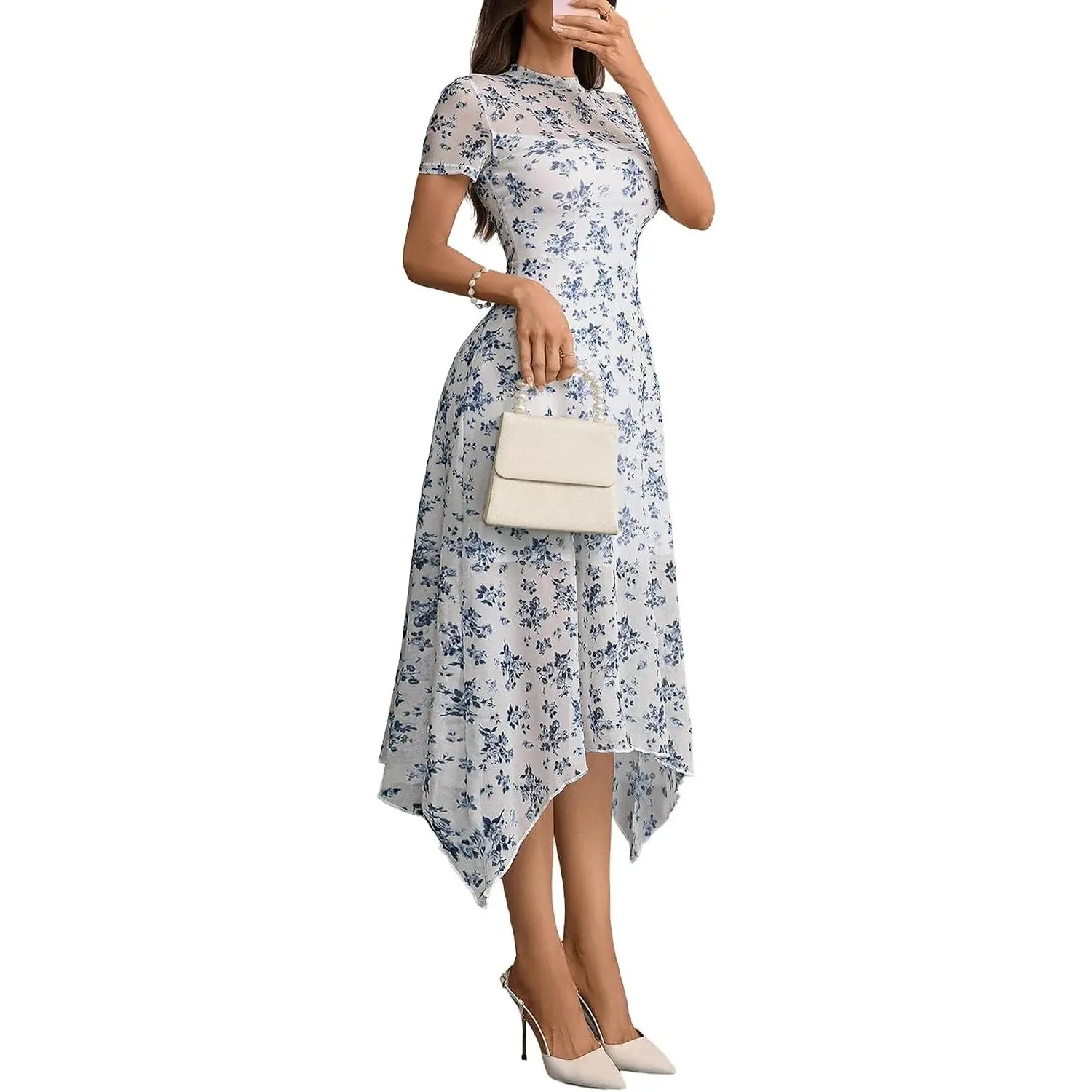 Women's Wedding Guest Floral Print Vintage Goth Dress Mesh Spliced Double-Layered Irregular Hemline Midi Dresses