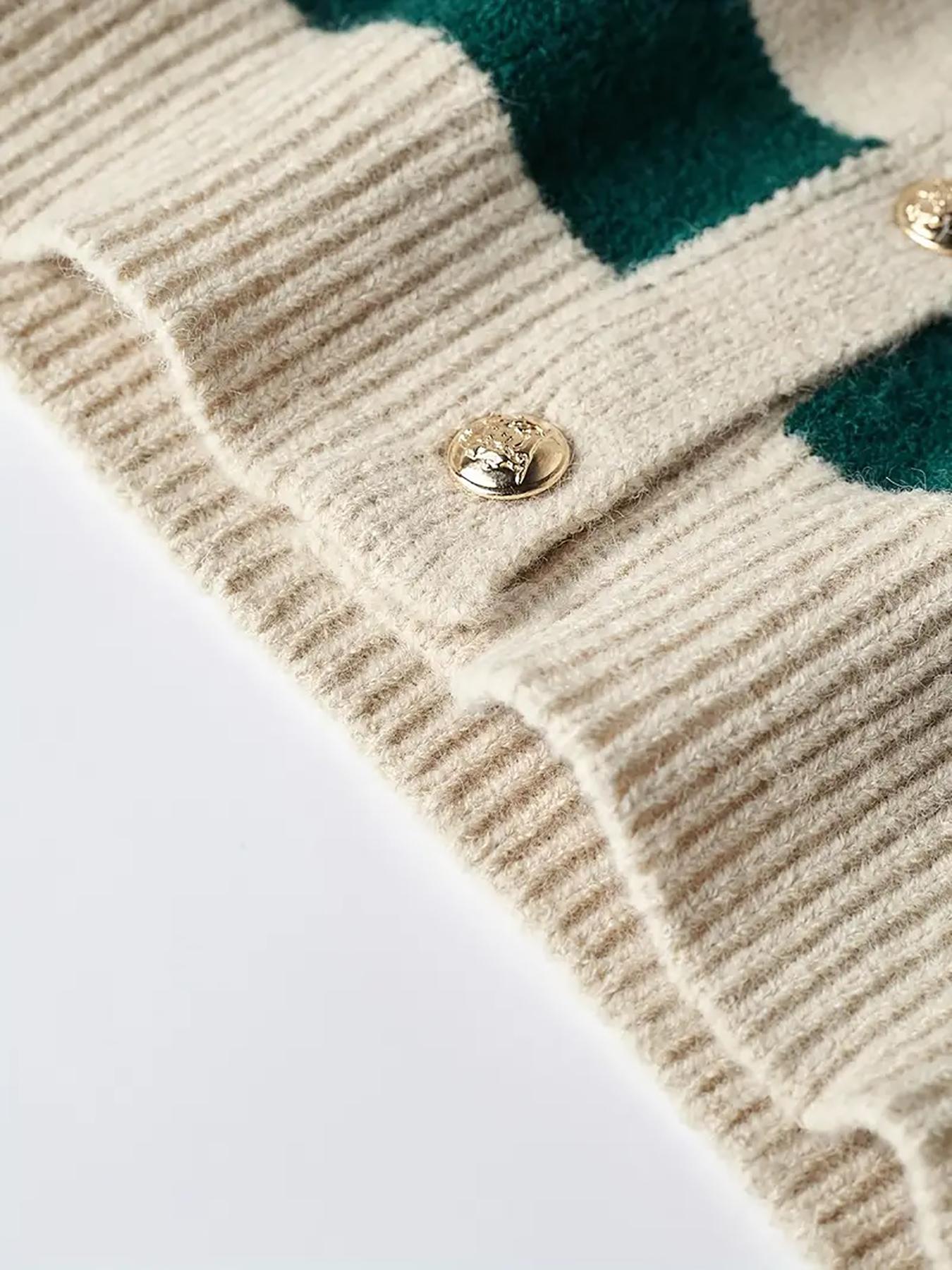 Women's Fall Winter Casual Loose-Fit Knitted Cardigan, Round Neck Colorblock Striped Sweater Coat, Soft Comfortable High-End Design