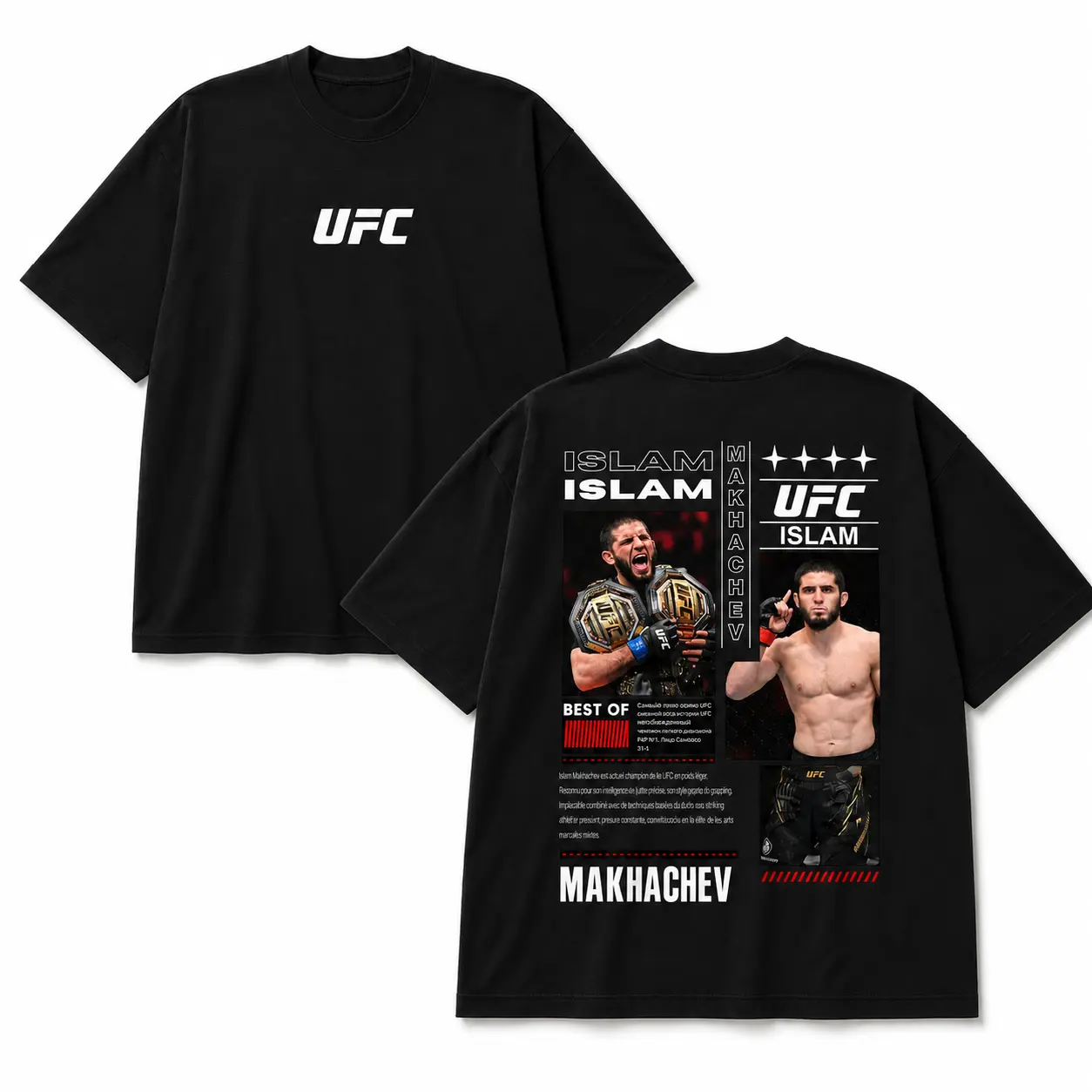 Menswear Short-Sleeve Top - Islam Makhachev 2-Division Champion Double-Sided Graphic T-Shirt, UFC 330 vs Ian Machado Garry MMA Fight Tee for Men